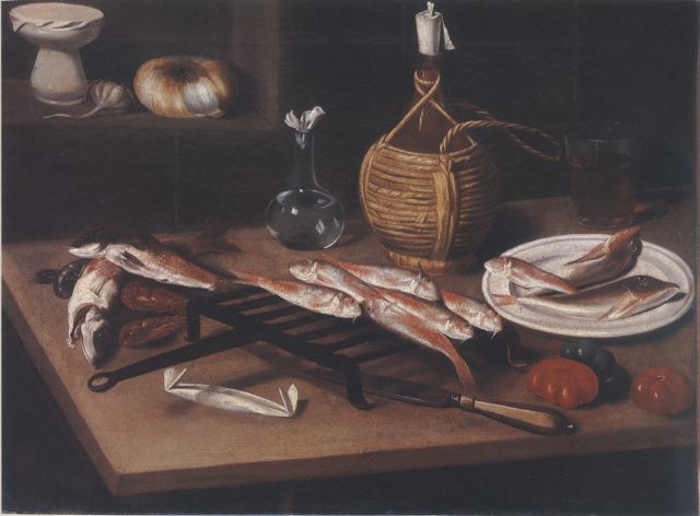 Anonimo — Magini Carlo - sec. XVIII/ XIX - Natura morta con triglie in gratella, fiasco, pomodori e coltello — insieme